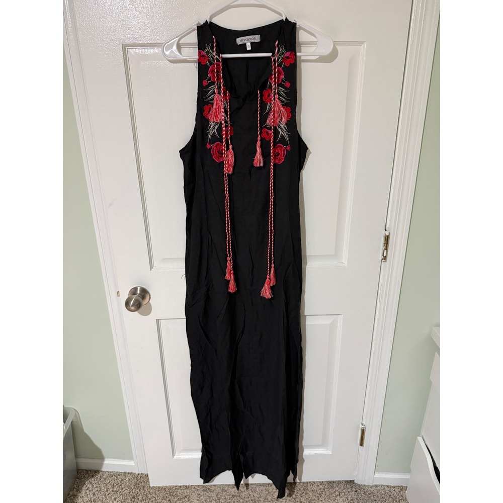 MISSLOOK Black Maxi Dress Embroidered Tassel V Neck Women's Size Small